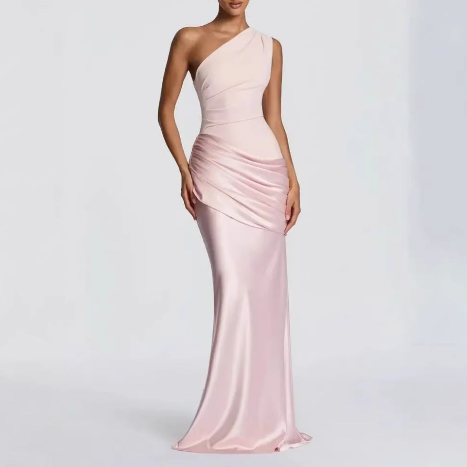 Robe Longue Col Asymétrique Diagonal Sans Manches Plissée Slim Mélange Polyester-Spandex Femme Élégante Soirée Mariage Formelle Gala Été – Diagonale