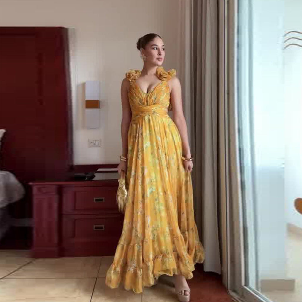 Vestido Largo Floral Volantes Escote en V Pliegues Pinzados Sin Mangas Poliéster Mujer Elegante Boda Jardín Noche Verano – Soleil d'Or
