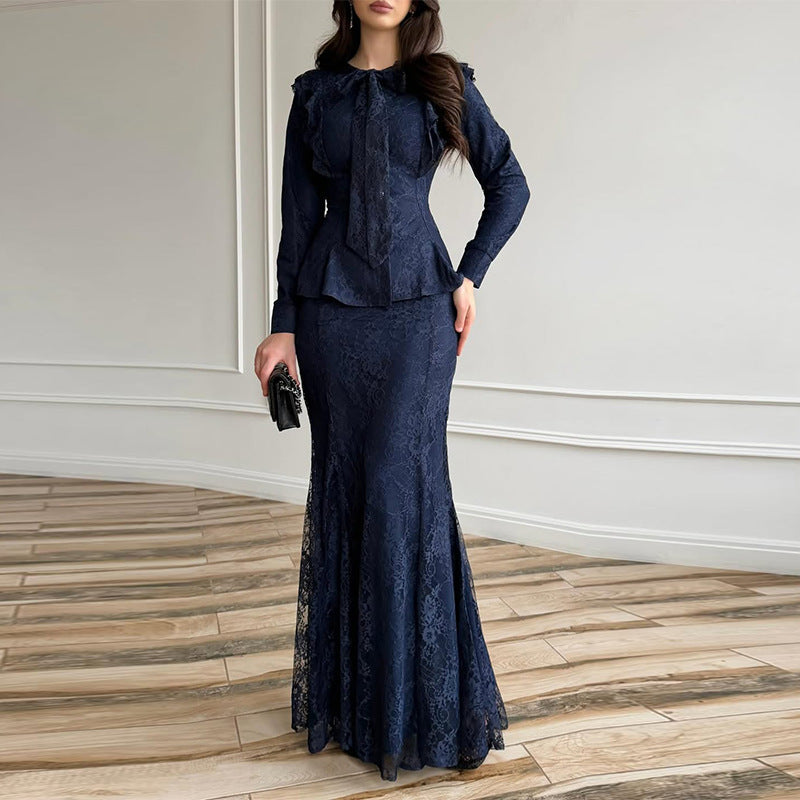 Ensemble Deux Pièces Femme Veste Jupe Longue Sirène Dentelle Polyester Cérémonie Mariage Soirée Gala – Lumière