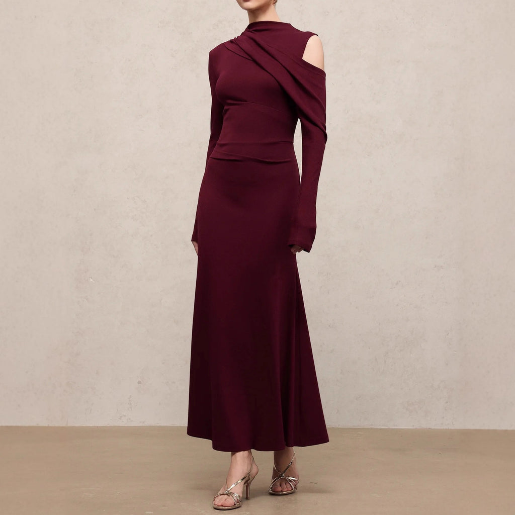Vestido largo asimétrico con hombro descubierto, manga larga, poliéster, mujer, entallado, elegante, para noche, boda, cóctel, formal – Burdeos