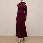 Vestido largo asimétrico con hombro descubierto, manga larga, poliéster, mujer, entallado, elegante, para noche, boda, cóctel, formal – Burdeos