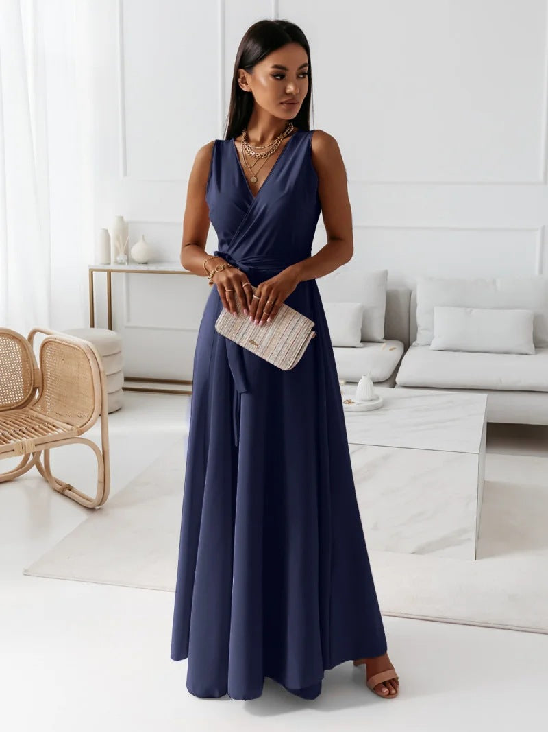 Robe Longue de Mariage pour Femme Élégante avec Corsage Enveloppant Silhouette Fluide Gown de Cérémonie Formelle