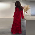 Robe Longue Élégante Femme Rouge Manches Longues Volants Ajustée Cérémonie Mariage Formelle Cocktail – Rosaline
