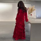 Robe Longue Élégante Femme Rouge Manches Longues Volants Ajustée Cérémonie Mariage Formelle Cocktail – Rosaline