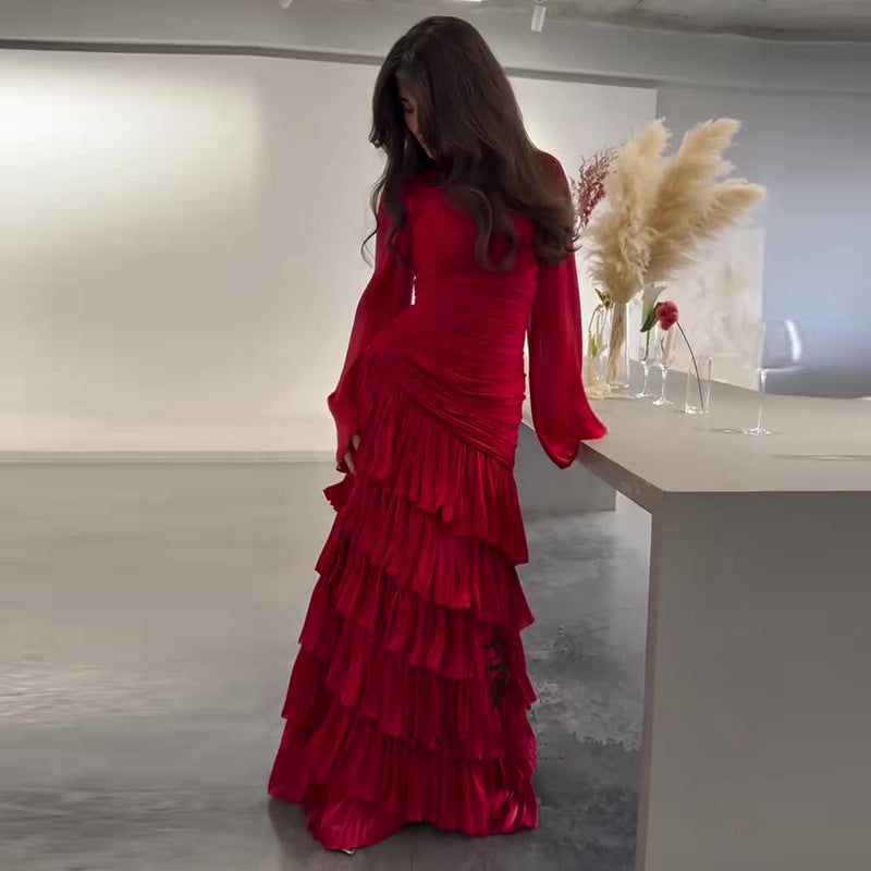 Robe Longue Élégante Femme Rouge Manches Longues Volants Ajustée Cérémonie Mariage Formelle Cocktail – Rosaline