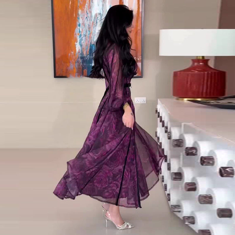 Robe Longue Femme Col Polo Manches Longues Ceinturée Imprimée Cérémonie Casual Chic – Violette