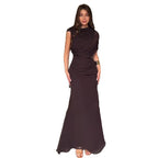 Robe Longue Plissée Sans Manches Col Rond Slim Polyester Femme Élégante Soirée Mariage Cocktail Formelle – Ambre