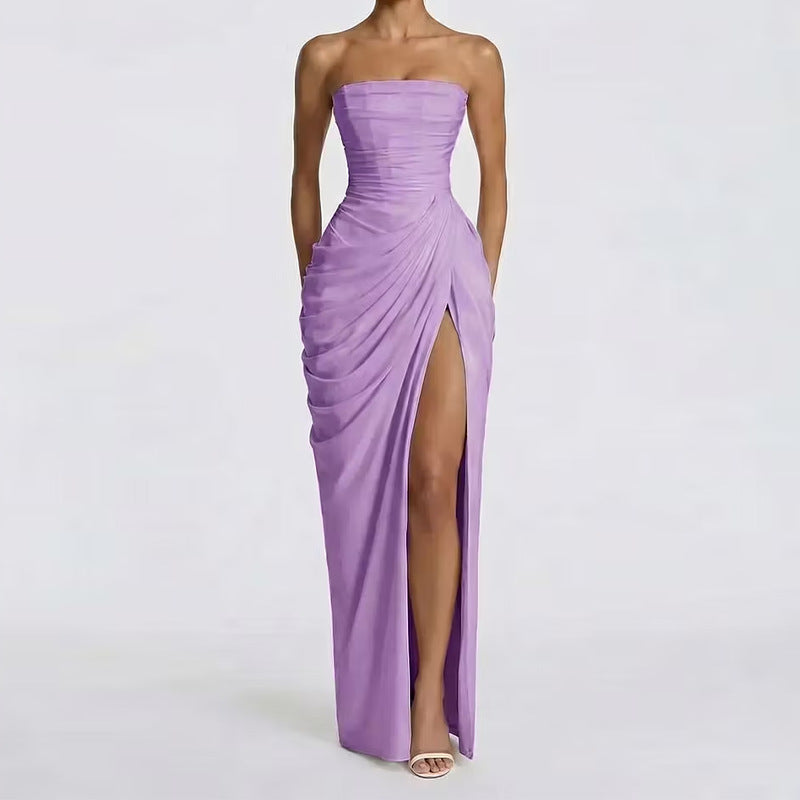 Robe Longue Femme Bustier Sans Bretelles Plissée Fente Latérale Polyester Mariage Soirée Gala Formelle Cocktail – Séraphine