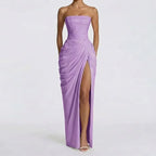Robe Longue Femme Bustier Sans Bretelles Plissée Fente Latérale Polyester Mariage Soirée Gala Formelle Cocktail – Séraphine