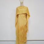 Robe Longue Plissée Frangée Couleur Unie Polyester Femme Élégante Soirée Mariage Cocktail Formelle Gala Automne – Dorée Plissée
