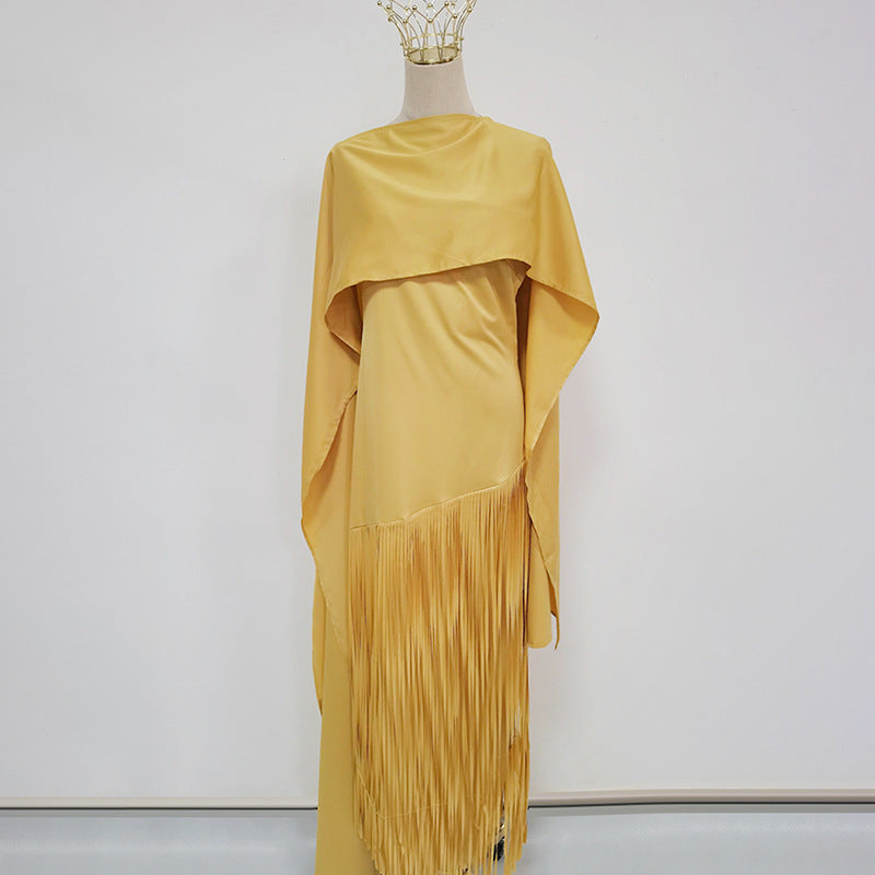 Robe Longue Plissée Frangée Couleur Unie Polyester Femme Élégante Soirée Mariage Cocktail Formelle Gala Automne – Dorée Plissée