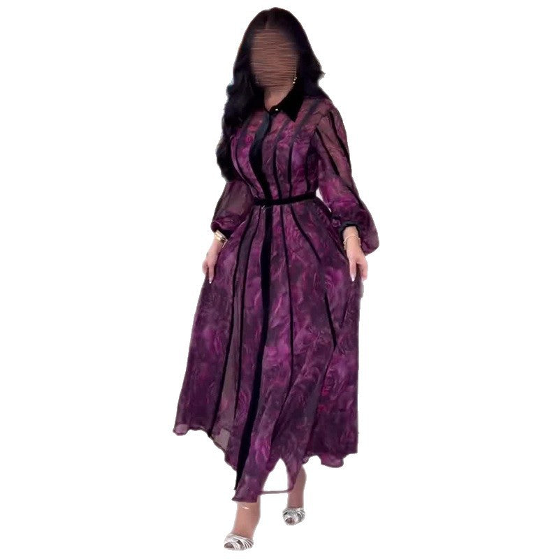 Robe Longue Femme Col Polo Manches Longues Ceinturée Imprimée Cérémonie Casual Chic – Violette