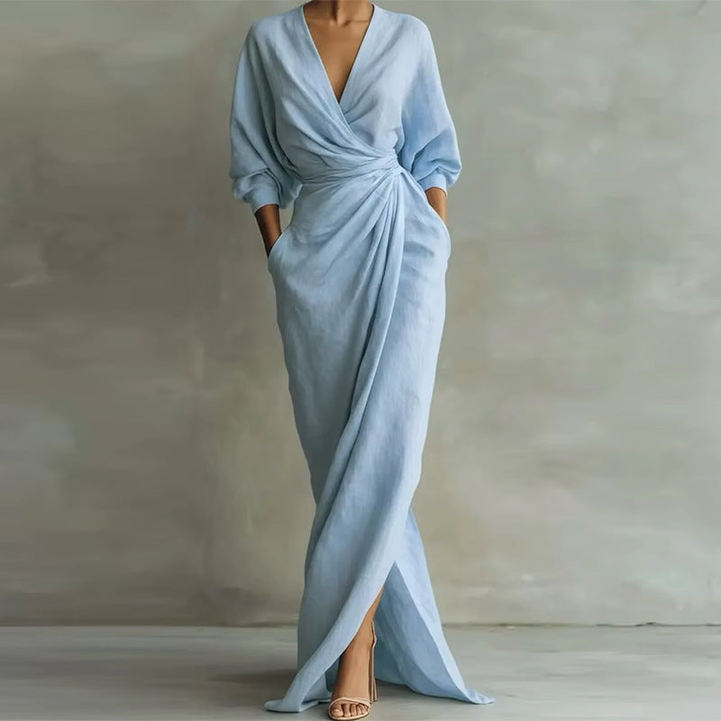 Robe Longue Décontractée Femme Col V Manches Trois-Quarts Drapée Fente Cérémonie Mariage Formelle – Saorise