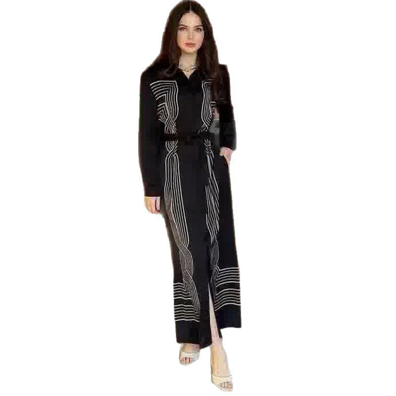 Robe Midi Femme Col Polo Manches Longues Cintrée Fente Latérale Imprimée Polyester Summer Mariage Casual Chic – Zéphyrine