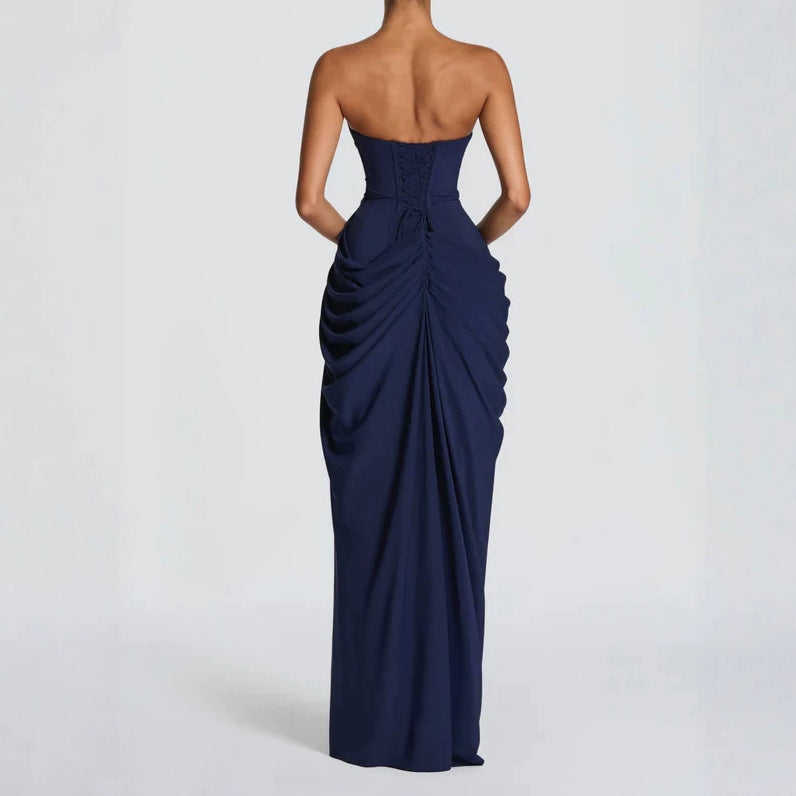 Robe Longue Femme Bustier Sans Bretelles Plissée Fente Latérale Polyester Mariage Soirée Gala Formelle Cocktail – Séraphine
