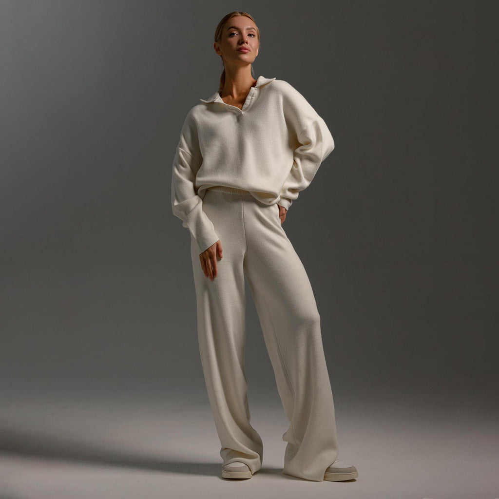 Completo Due Pezzi Donna Maglione Polo Elegante Pantalone Largo Morbido Traspirante Casual Chic Relax Lavoro Quotidiano Weekend – Polinae