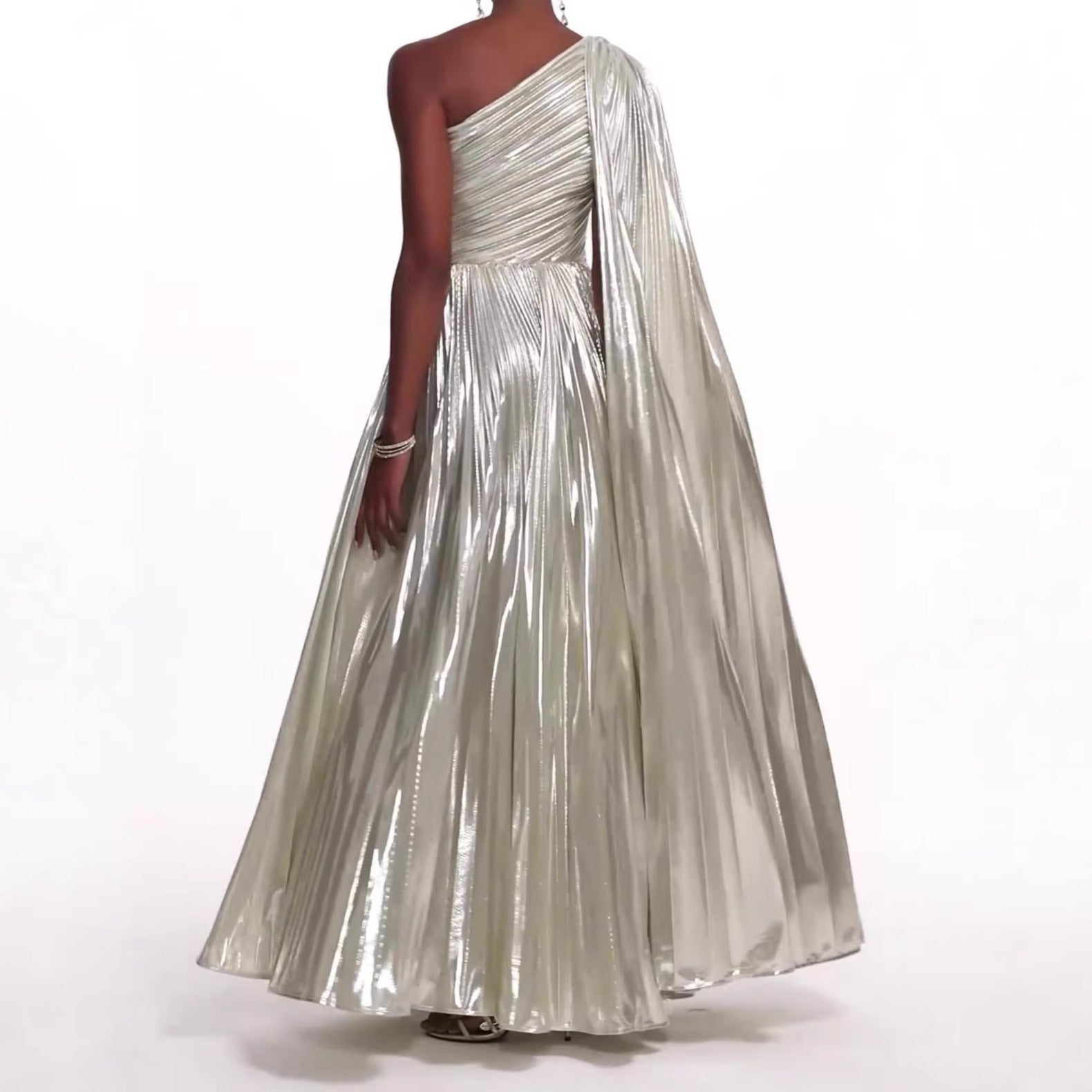 Vestido largo para mujer con un hombro descubierto, metalizado brillante, poliéster, formal, gala, boda, cóctel, alfombra roja – Plateado