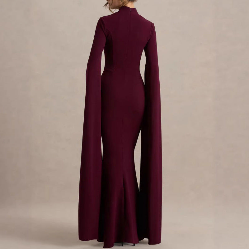 Abito lungo aderente maniche con spacco zip laterale poliestere-spandex colore unico donna elegante sera matrimonio gala formale cocktail – Spacco