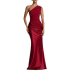 Robe Longue Col Asymétrique Diagonal Sans Manches Plissée Slim Mélange Polyester-Spandex Femme Élégante Soirée Mariage Formelle Gala Été – Diagonale