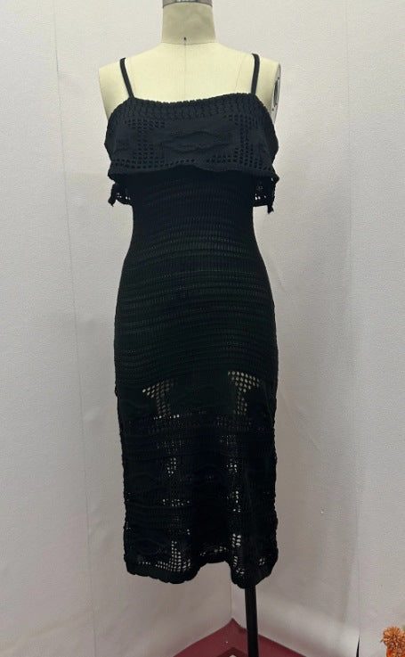 Robe Midi Femme Bretelles Fines Détails Ajourés Polyester Cérémonie Mariage Soirée Formelle Chic – Céleste