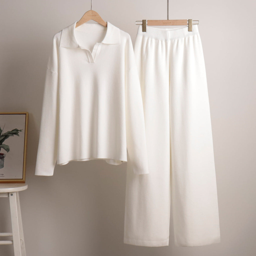 Completo Due Pezzi Donna Maglione Polo Elegante Pantalone Largo Morbido Traspirante Casual Chic Relax Lavoro Quotidiano Weekend – Polinae