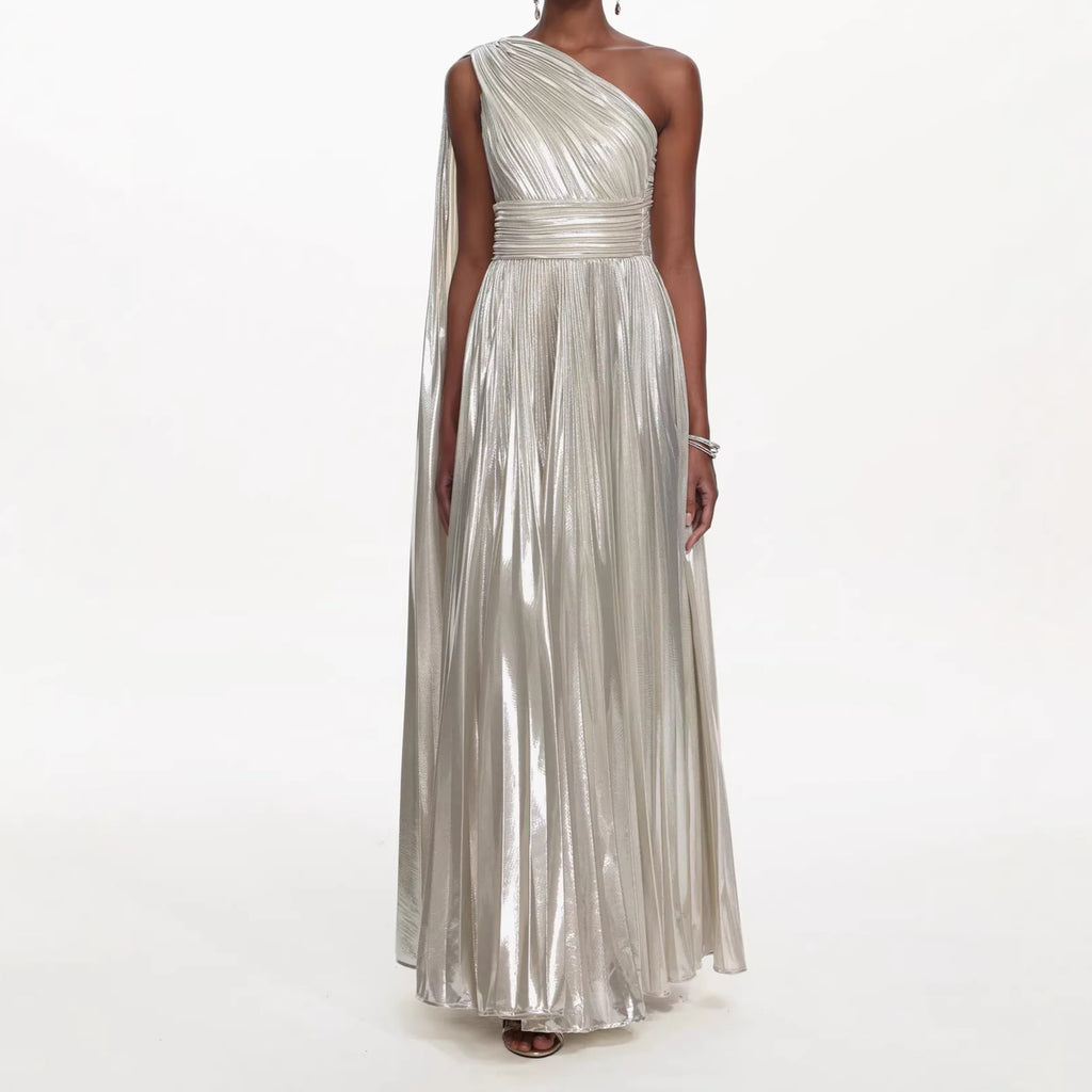 Abito lungo donna con una spalla scoperta metallizzato brillante in poliestere per gala formale, matrimonio, cocktail, red carpet – Argento