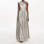 Abito lungo donna con una spalla scoperta metallizzato brillante in poliestere per gala formale, matrimonio, cocktail, red carpet – Argento