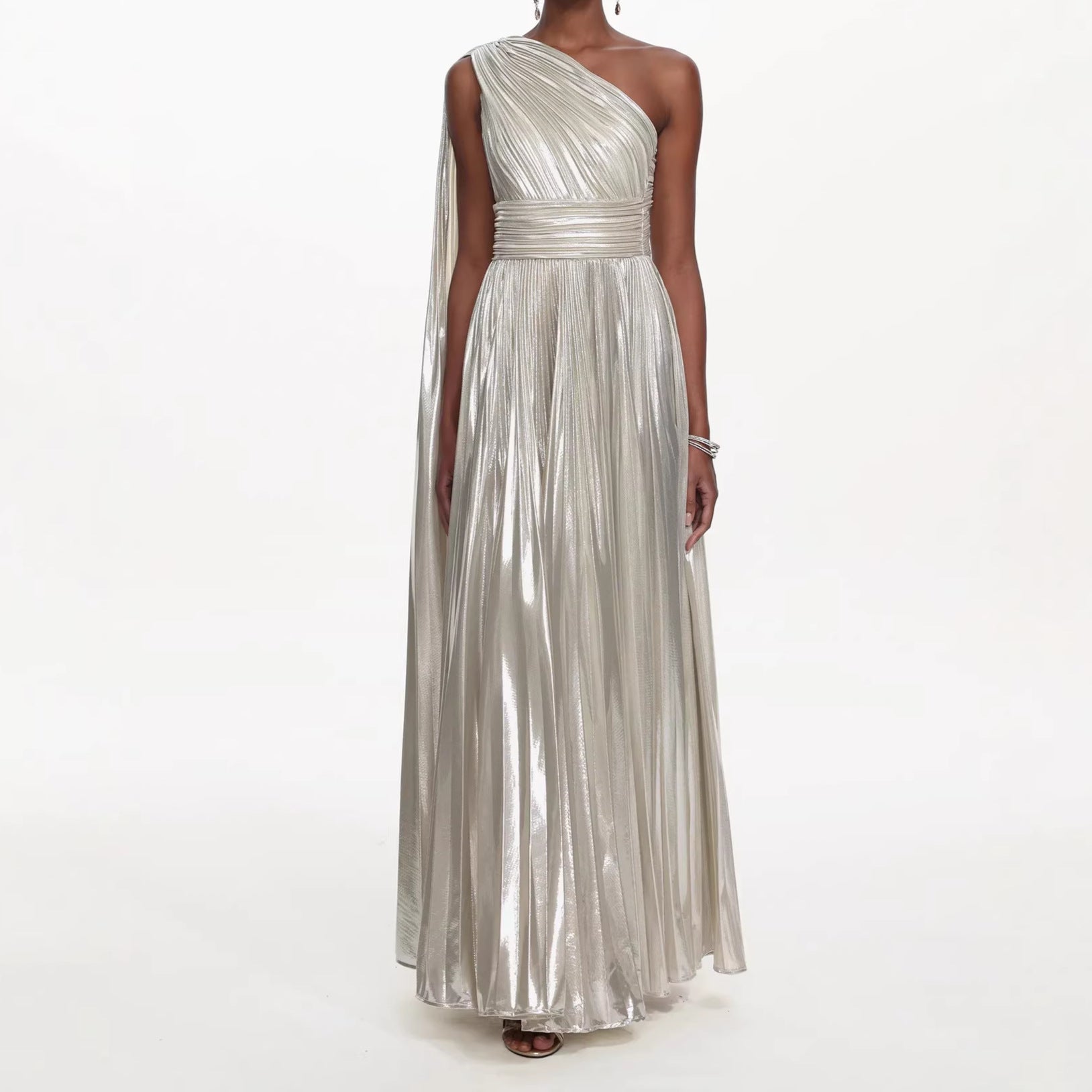Vestido largo para mujer con un hombro descubierto, metalizado brillante, poliéster, formal, gala, boda, cóctel, alfombra roja – Plateado