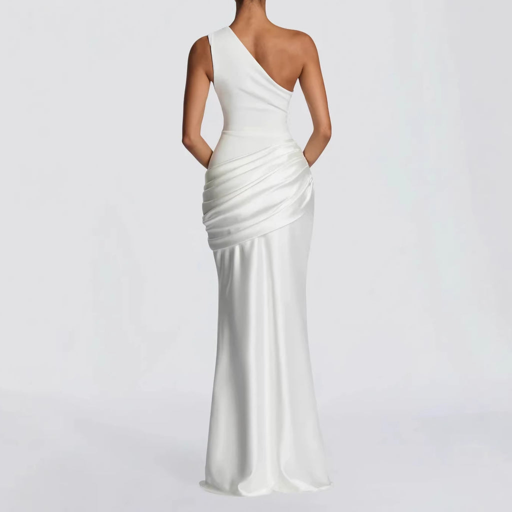 Robe Longue Col Asymétrique Diagonal Sans Manches Plissée Slim Mélange Polyester-Spandex Femme Élégante Soirée Mariage Formelle Gala Été – Diagonale