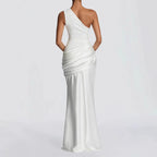 Robe Longue Col Asymétrique Diagonal Sans Manches Plissée Slim Mélange Polyester-Spandex Femme Élégante Soirée Mariage Formelle Gala Été – Diagonale