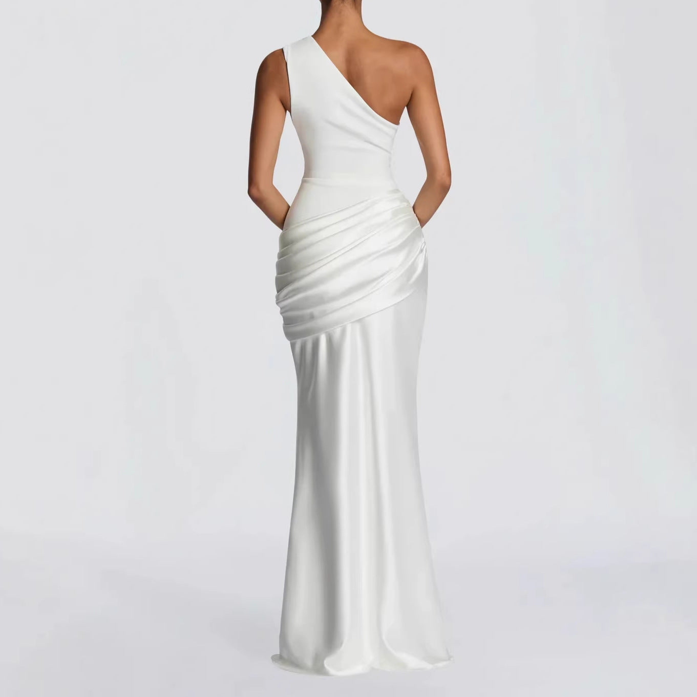 Robe Longue Col Asymétrique Diagonal Sans Manches Plissée Slim Mélange Polyester-Spandex Femme Élégante Soirée Mariage Formelle Gala Été – Diagonale