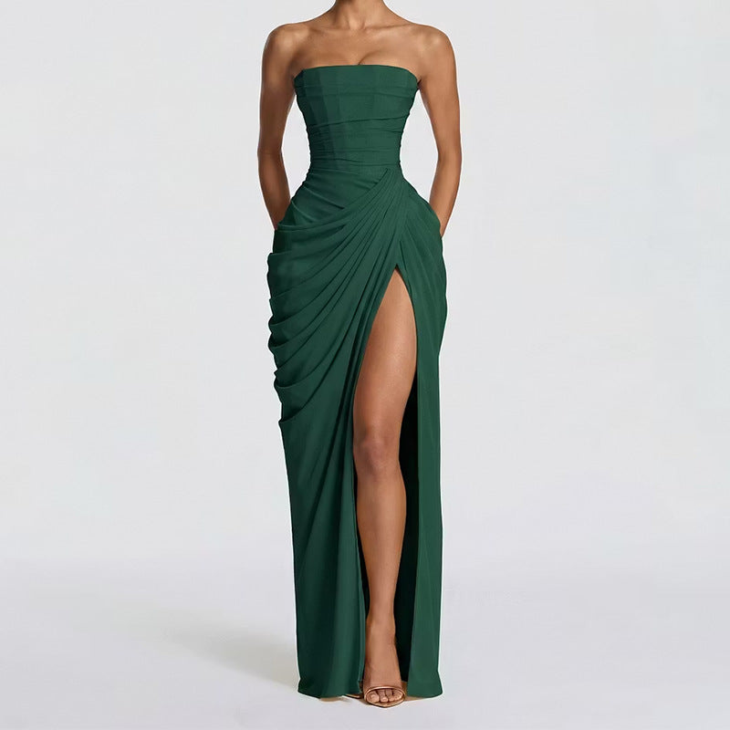 Robe Longue Femme Bustier Sans Bretelles Plissée Fente Latérale Polyester Mariage Soirée Gala Formelle Cocktail – Séraphine