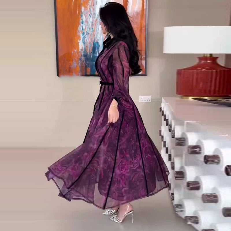 Robe Longue Femme Col Polo Manches Longues Ceinturée Imprimée Cérémonie Casual Chic – Violette