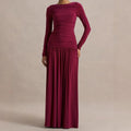 Robe Longue Plissée Manches Longues Cintrée Taille Polyester-Ammoniaque Femme Élégante Soirée Mariage Cocktail Formelle – Rubis