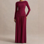 Robe Longue Plissée Manches Longues Cintrée Taille Polyester-Ammoniaque Femme Élégante Soirée Mariage Cocktail Formelle – Rubis