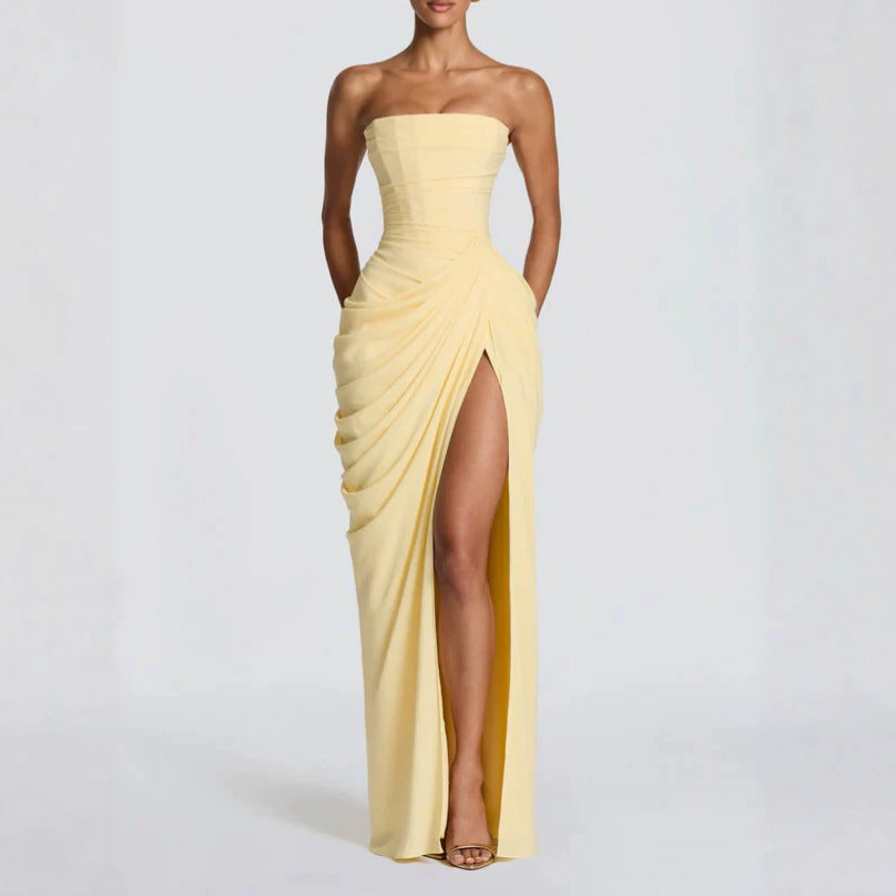 Robe Longue Femme Bustier Sans Bretelles Plissée Fente Latérale Polyester Mariage Soirée Gala Formelle Cocktail – Séraphine