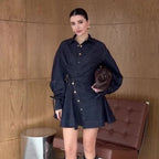 Robe Chemise Denim Bleu Clair Manches Longues Ceinturée Évasée Polyester Femme Soirée Formelle Chic Urbain Quotidien – Riviera
