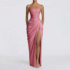 Robe Longue Femme Bustier Sans Bretelles Plissée Fente Latérale Polyester Mariage Soirée Gala Formelle Cocktail – Séraphine