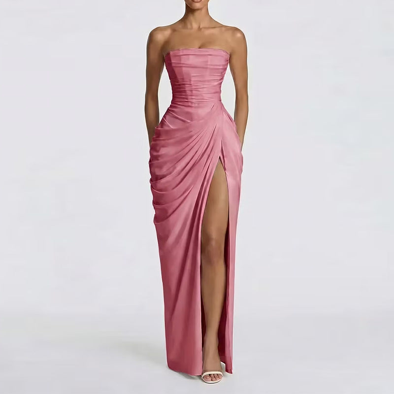 Robe Longue Femme Bustier Sans Bretelles Plissée Fente Latérale Polyester Mariage Soirée Gala Formelle Cocktail – Séraphine