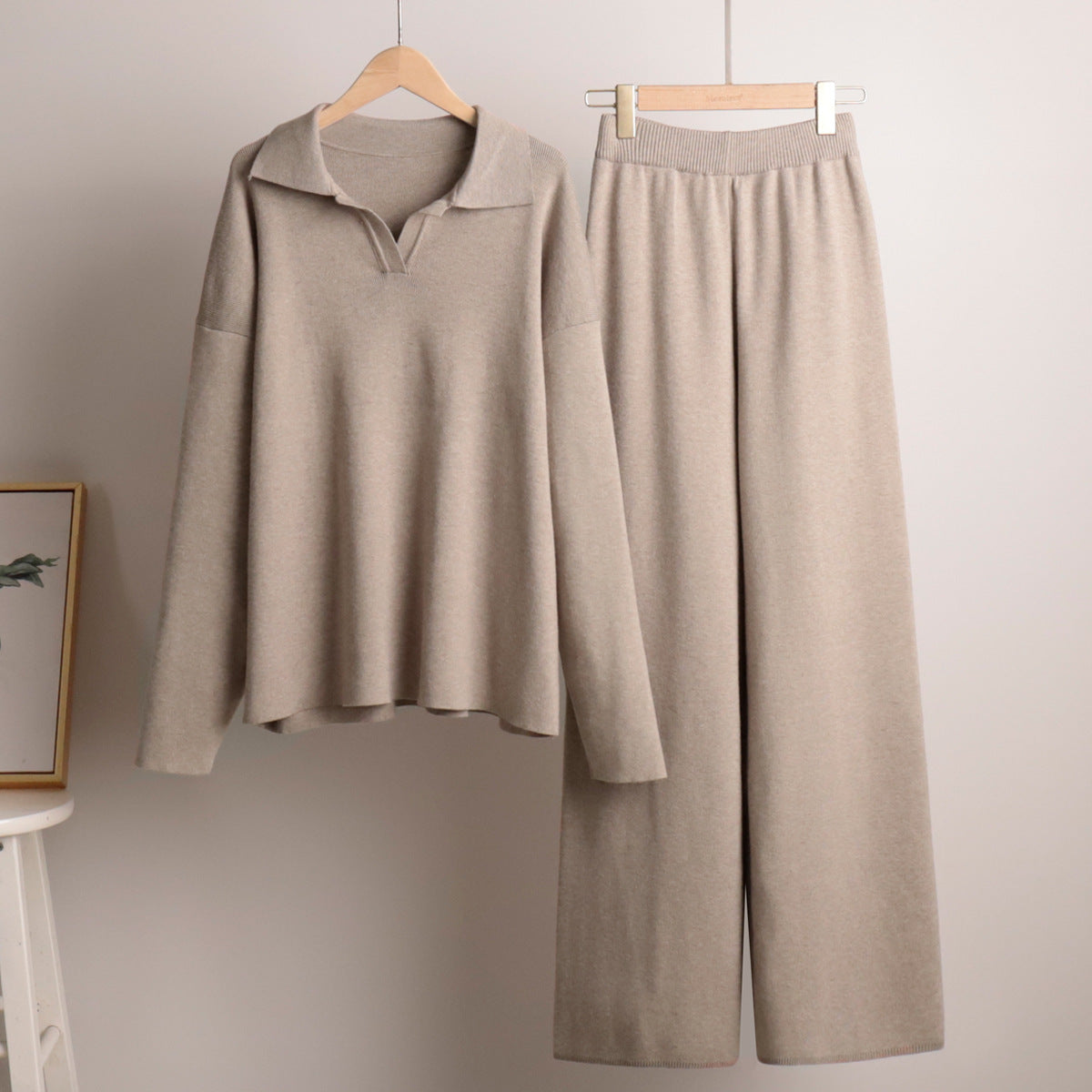 Conjunto Dos Piezas Mujer Suéter Polo Chic Pantalón Ancho Suave Transpirable Casual Chic Relax Trabajo Diario Fin de Semana – Polinae