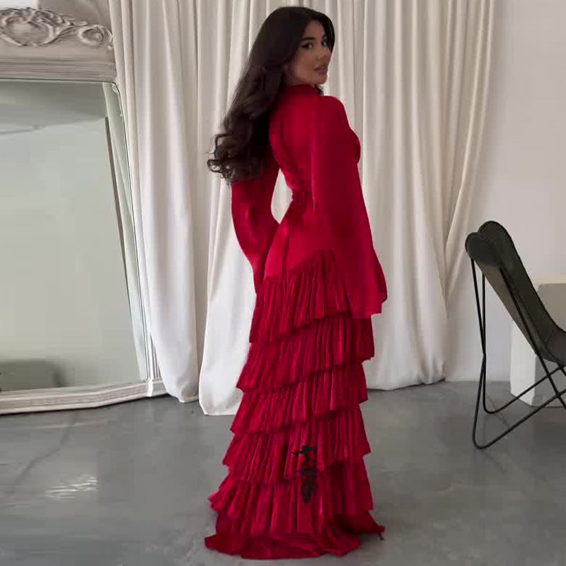 Robe Longue Élégante Femme Rouge Manches Longues Volants Ajustée Cérémonie Mariage Formelle Cocktail – Rosaline