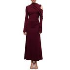 Vestido largo asimétrico con hombro descubierto, manga larga, poliéster, mujer, entallado, elegante, para noche, boda, cóctel, formal – Burdeos