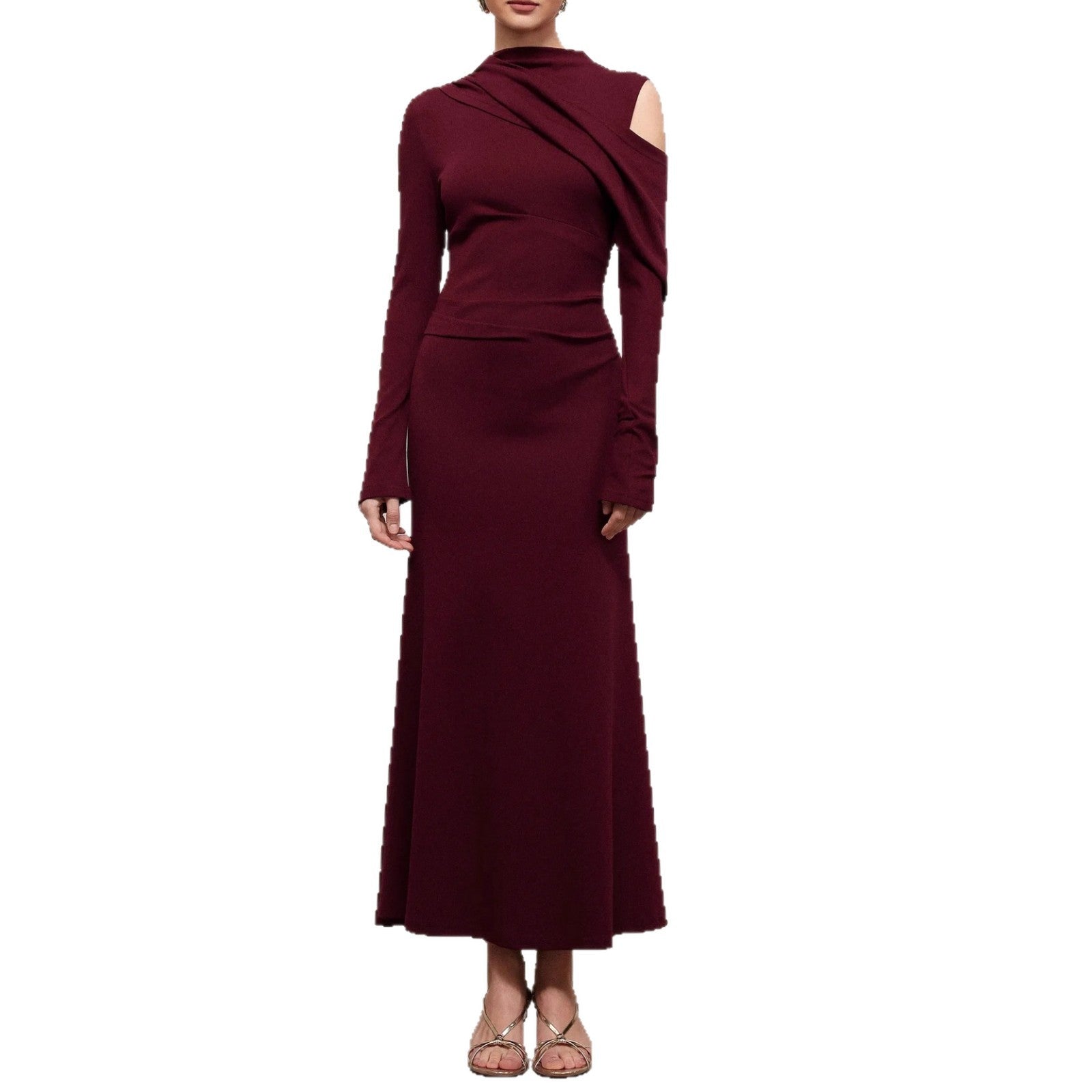 Lange asymmetrische jurk met blote schouder, lange mouw, polyester, getailleerd, elegante damesjurk voor avond, bruiloft, cocktail, formeel – Bordeaux