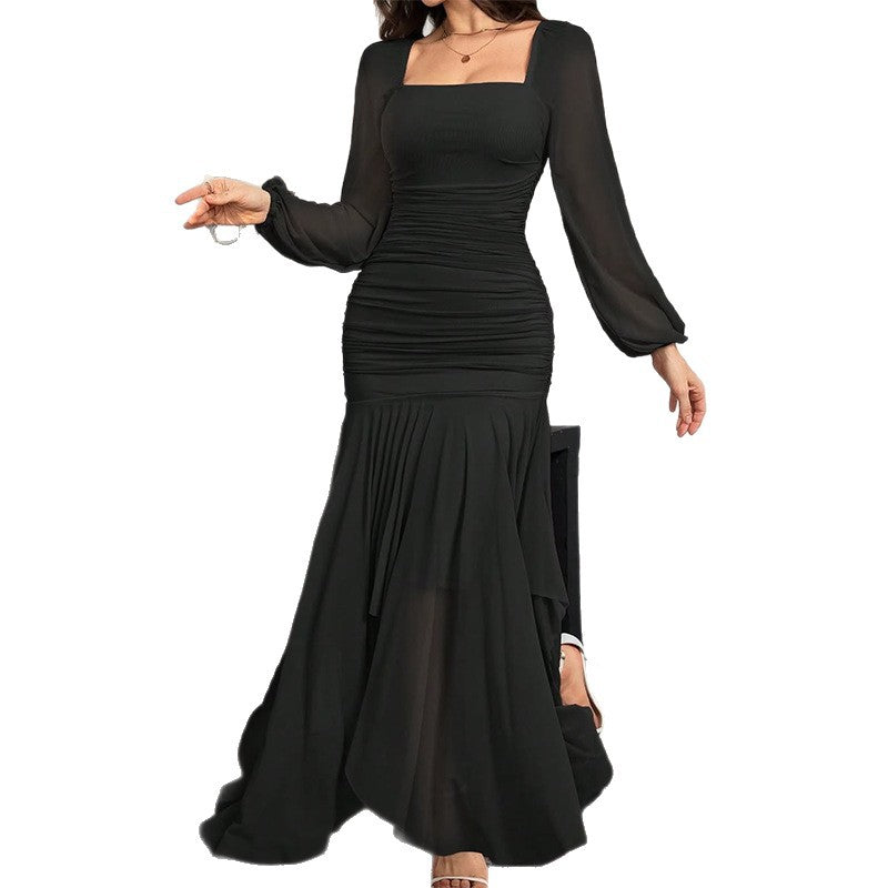 Vestido Largo Escote Cuadrado Mangas Largas Plisadas Corte Ajustado Poliéster Mujer Elegante Boda Noche Cóctel Formal – Rubans