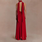 Vestido largo espalda descubierta halter cuello en V sin mangas poliéster mujer glamour noche boda formal cóctel gala – Scarlett