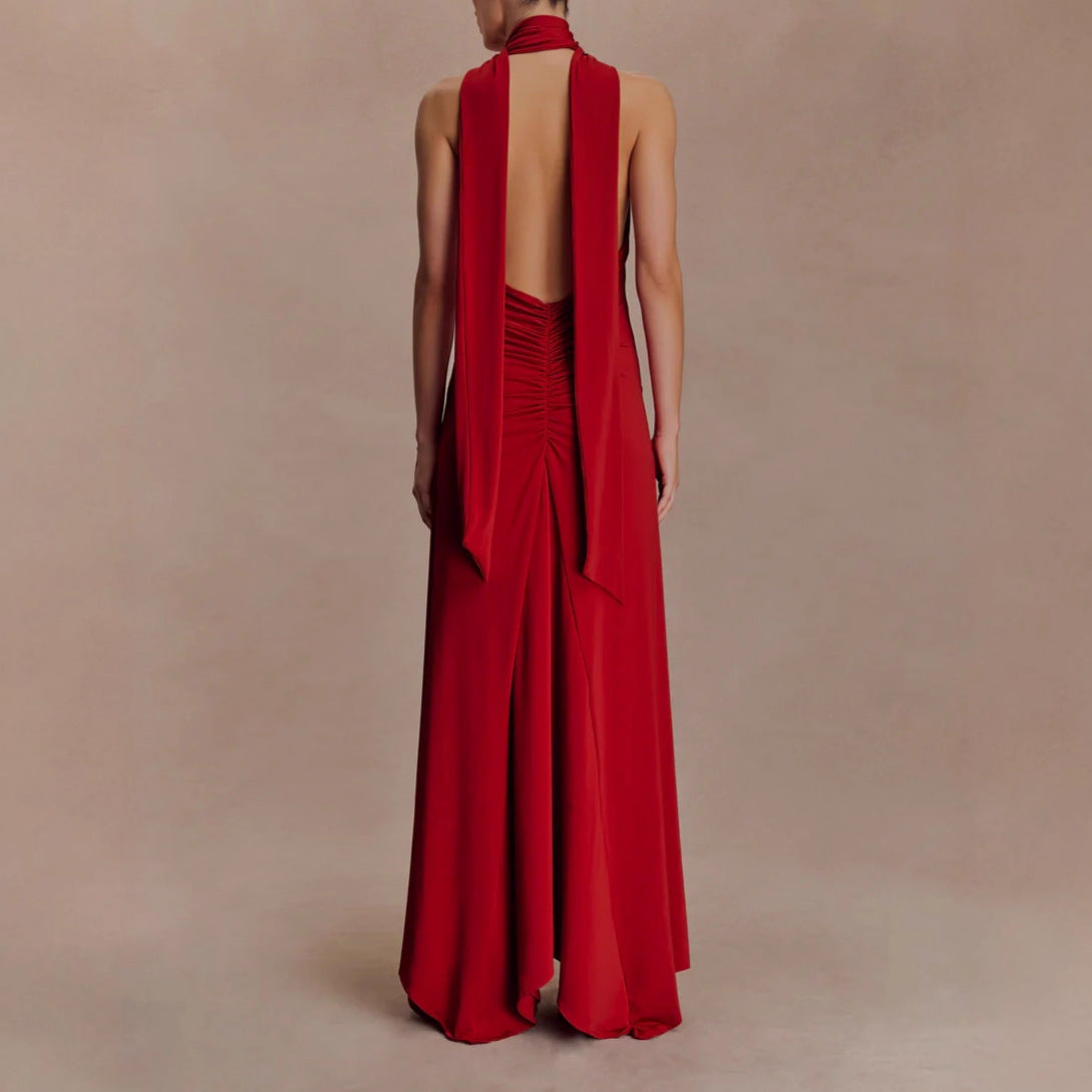 Lange jurk met open rug, halter, V-hals, mouwloos, polyester, glamoureus, avond, bruiloft, formeel, cocktail, gala – Scarlett