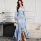 Abito Lungo Scollo Quadrato Maniche Lunghe Plissettate Taglio Aderente Poliestere Donna Elegante Matrimonio Serata Cocktail Formale – Rubans