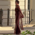 Robe Longue Dentelle Col Rond Jupe Longue Fluide Polyester Femme Élégante Soirée Mariage Formelle Cocktail Gala Automne – Dentelle Douce