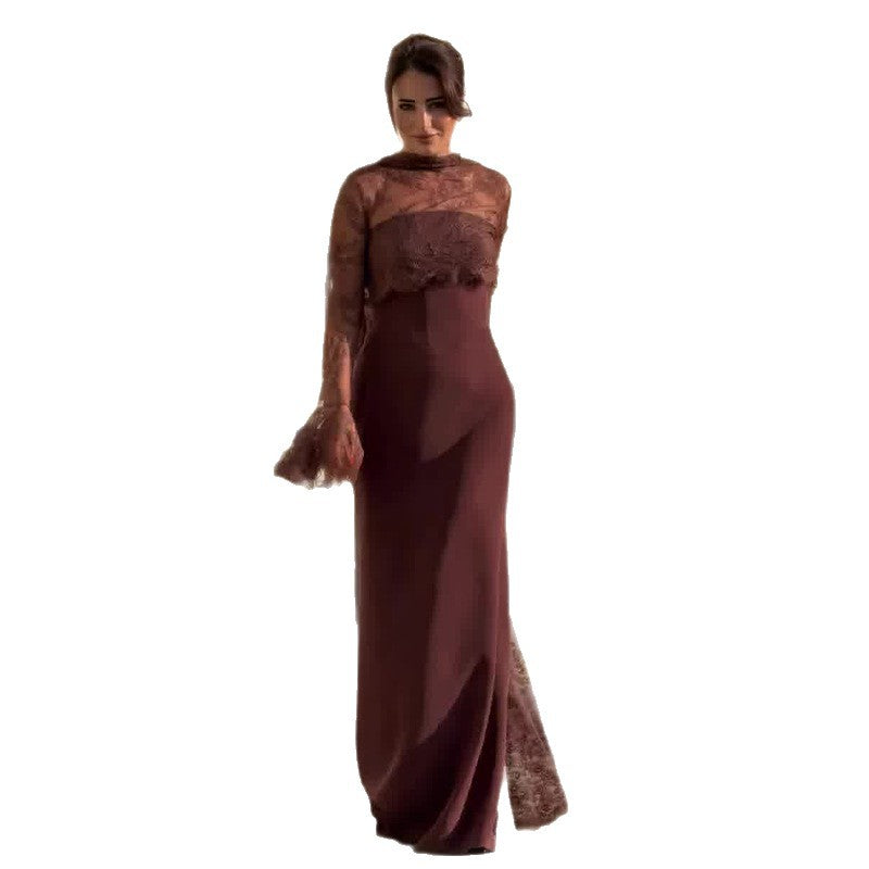 Robe Longue Dentelle Col Rond Jupe Longue Fluide Polyester Femme Élégante Soirée Mariage Formelle Cocktail Gala Automne – Dentelle Douce