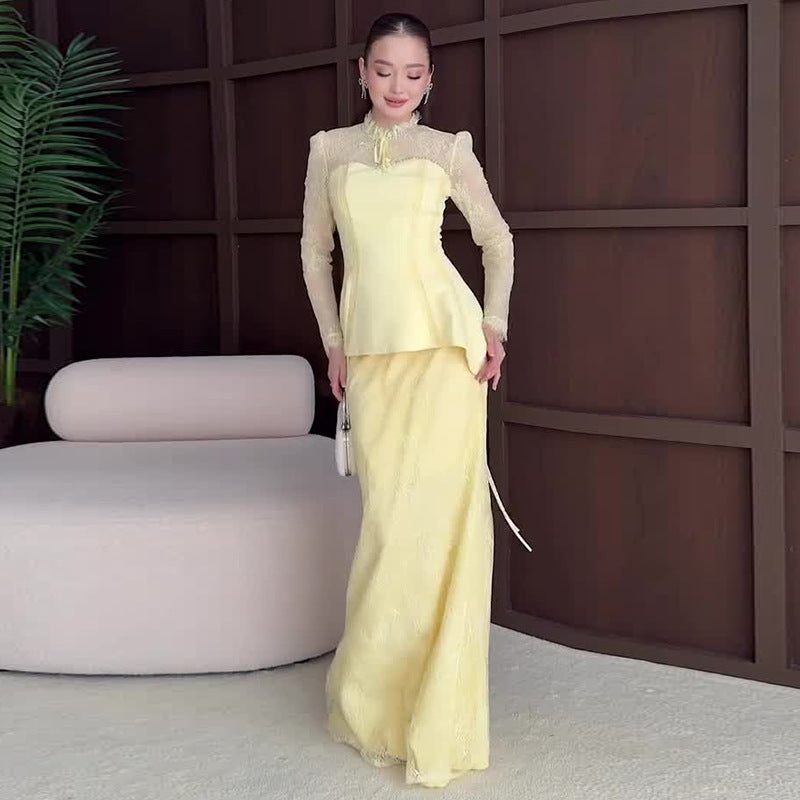 Tweedelige damesset met top met lange mouwen en lange kanten rok van polyester voor ceremonie, bruiloft, avond, gala – Doriane